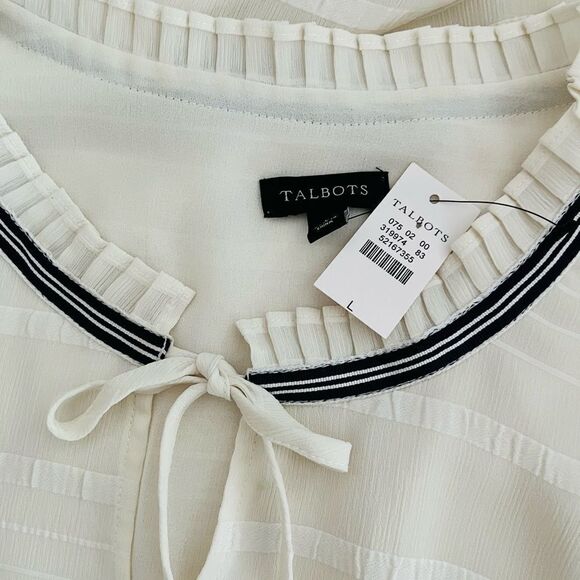 New with tags Talbots Cream Textured Tunic Blouse w/ black Pleated Trim size L - Picture 11 of 11